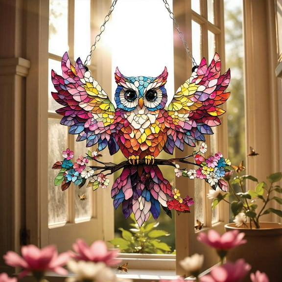 Colorful Owl Faux Stained Glass Suncatcher – Floral Bird Acrylic Window Hanging, Vibrant Animal Art Gift for Woodland Nature Lovers 1894838731