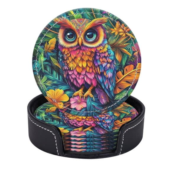 PU Leather Coasters for Drinks Bar Beer,Set of 6 with Holder,Round Housewarming Gift,Colorful Owl In The Jungle Colorful Indian Print