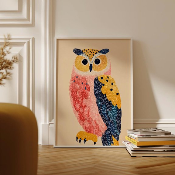 Colorful Owl Modern Folk Illustration Pink Yellow Navy Animal Art Print, Unframed Paper Poster 8x10in