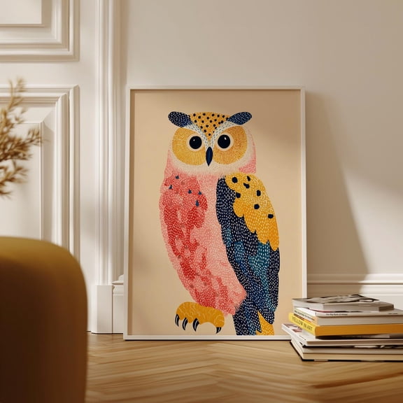 Colorful Owl Modern Folk Illustration Pink Yellow Navy Animal Art Print Unframed Paper Print