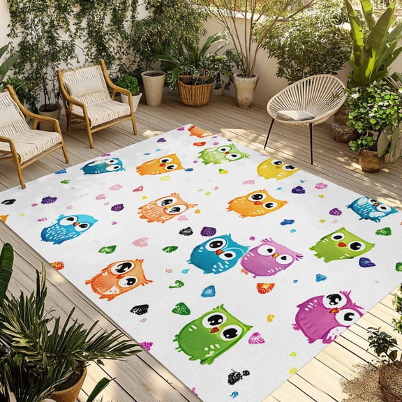 Colorful Owl Outdoor Rug 6x9 Ft - Reversible Patio Rug Outdoor Camping Rugs, Abstract Art Animals Birds Washable Indoor Outdoor Area Rugs, Non-Slip Outdoor Carpet Runner for Deck/Porch