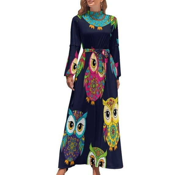 Colorful Owl Pattern Fabric Women's Long Dress Long Sleeves Dress Vintage Dresses Party Maxi Dress High Waist Dress