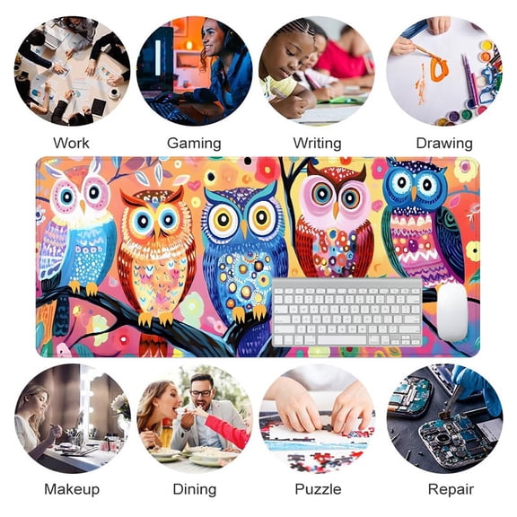 Colorful Owl Pattern Mouse Pad 31.5 x 11.82 Inches Rubber Desk Mat for Office Home Gaming