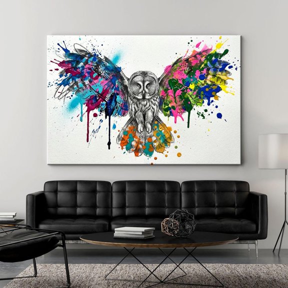 Colorful Owl Print Graffiti Splatter Art Rainbow Bird Modern Wildlife Decor, Stretched Canvas 8x10in