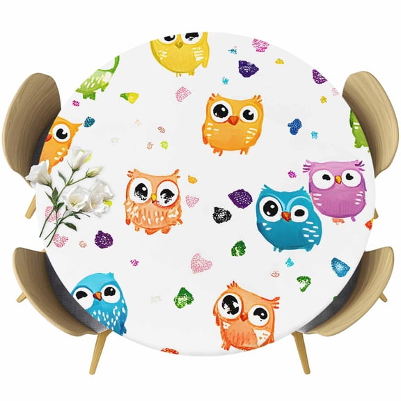 Colorful Owl Round Tablecloth 36-44 Inch Round Fitted Table Cloth with Elastic Edge, Abstract Art Animals Birds Waterproof Table Cover Protector for Outdoor Picnic Party Dining