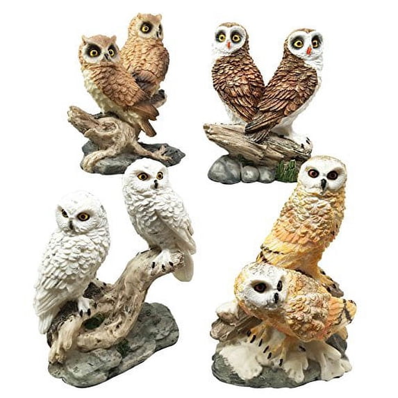 Colorful Owl Species Barn Great Horned Snowy & Screech Owls Perching On Branch Figurine Set Of 4