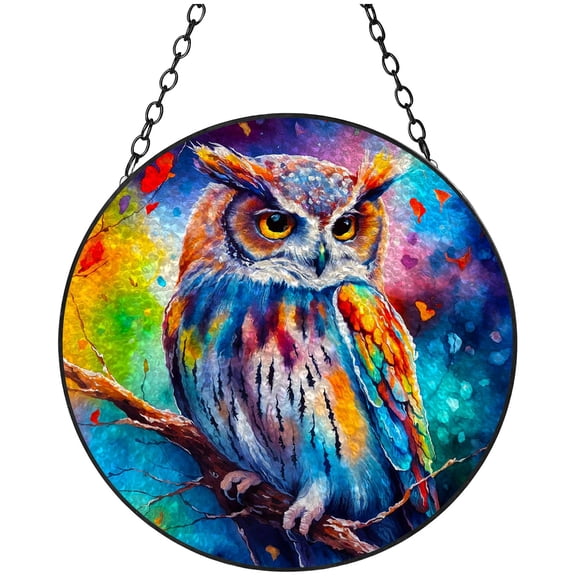 Colorful Owl on Tree Stained Glass Suncatcher Window Hangings Colored Handmade Glass Suncatcher Crafts Kits for Indoor Garden Christmas Decoration 16x16cm(3)