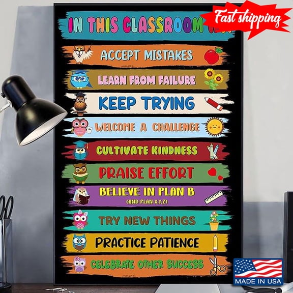 Colorful Owls In This Classroom We Accept Mistakes Learn From Failure Keep Trying 11 x 17 Inch Poster