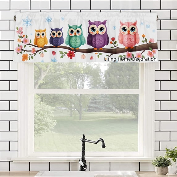 Colorful Owls On Branch Rod Pocket Polyester kitchen Curtain Valances for Windows For Indoor Living Room Bedroom Kitchen Decoration 54x18 inch