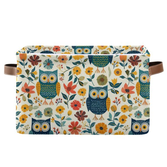 Colorful Owls and Flower Storage Bins with Handle Fabric Organizer Basket Foldable Box 1 Pack 14.2x10.2x8.3