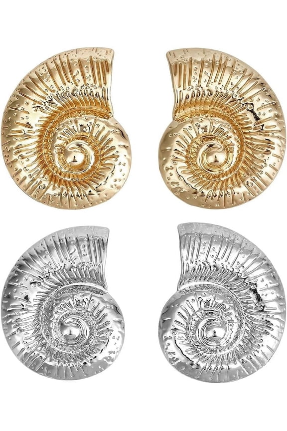Colorful PH 2 Pairs Gold Conch Stud Earrings 1.85x1.5inch Large Sea Shell Stud Earring Statement Earring Platinum Beach Earrings for Women Beach Summer Jewelry Accessories Gifts Party