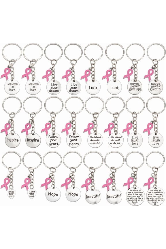 Colorful PH 24pcs 12 Styles Breast Cancer Awareness Keychain Pink Ribbon Key Chain Inspire Luck Charms with Words for Women Inspiration Keychain Breast Cancer Support Gifts Party Favor 2.7 Inch