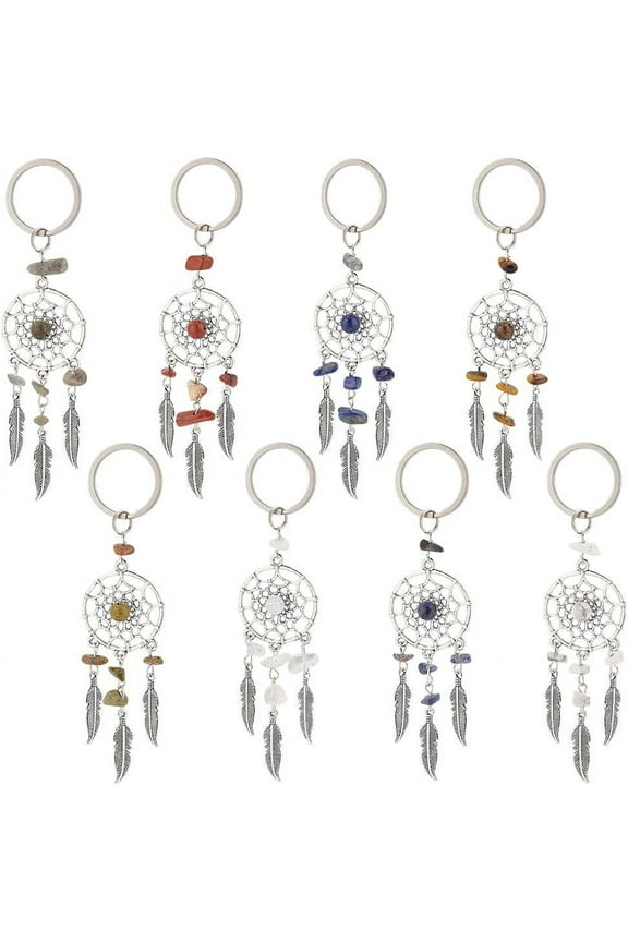 Colorful PH 32PCS Dream Catcher Keychain 8 Color Natural Gemstone Feather Key Chain Charms Lucky Decor Stainless Steel Keyrings for Bag Home Hanging Ring Ornaments Car Pendant