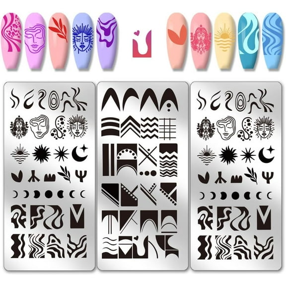Colorful PH 3pcs French Tip Nail Stamping Plates Geometric Line Nail Art Stencils Boho Styles Manicure Art Templates Moon Sun Patterns Nails Design Stencil for Women Manicures Salon Printing Supplies