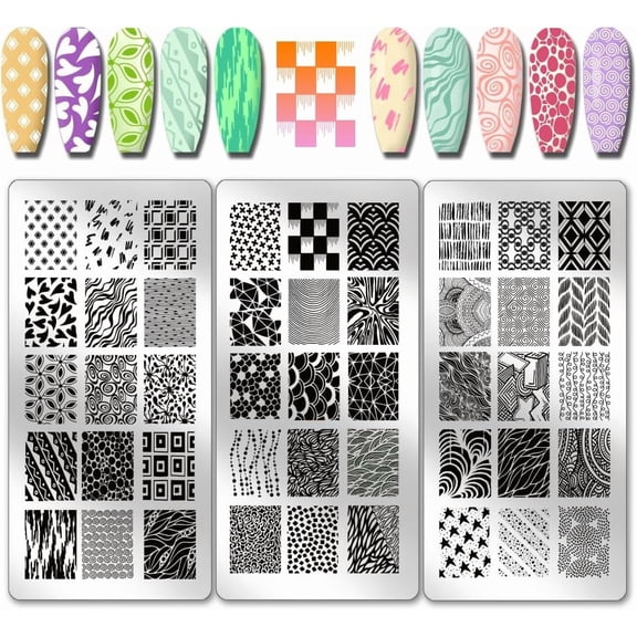 Colorful PH 3pcs Texture Pattern Nail Stamp Plate Geometric Pattern Nails Stencils Stainless Steel Nail Image Plate Star Heart Print Art Template for Women DIY Printing 4.7x2.3 inch