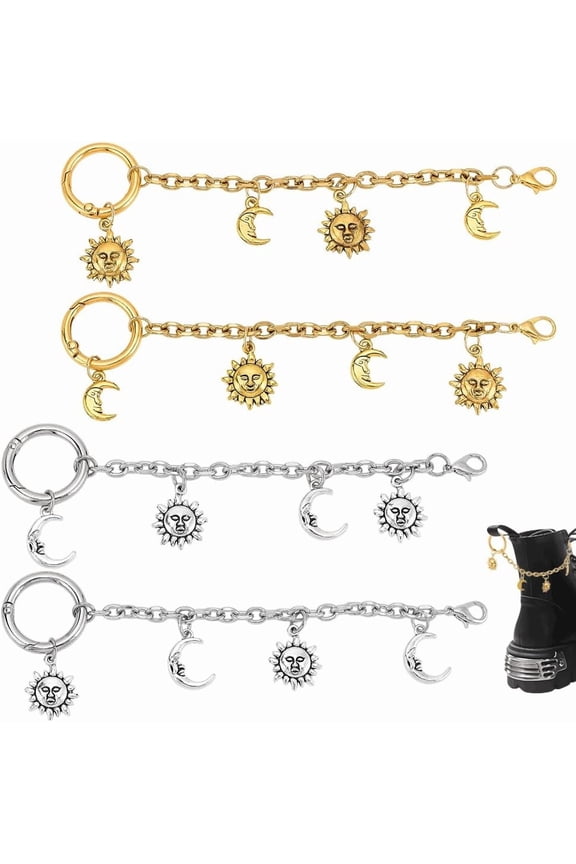 Colorful PH 4pcs 8 Inch Sun Moon Shoe Charm Chains Decorative Chains Goth Punk Style Chains for Sneakers Sandals Men Women Shoe Accessories Shoelace Charms Golden/Platinum