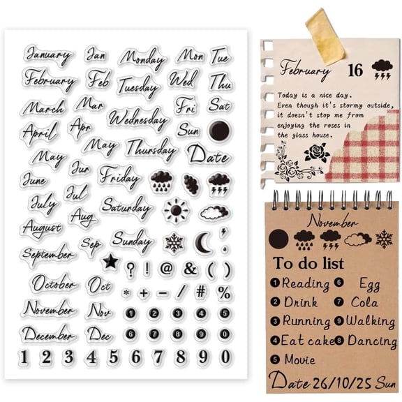 Colorful PH Handwritten Month Clear Stamp for Card Making Date Week Weather Silicone Stamp Number Symbol Transparent Rubber Stamp Seal Stamp for Journal Postcard Scrapbooking Gift Tags 1pc
