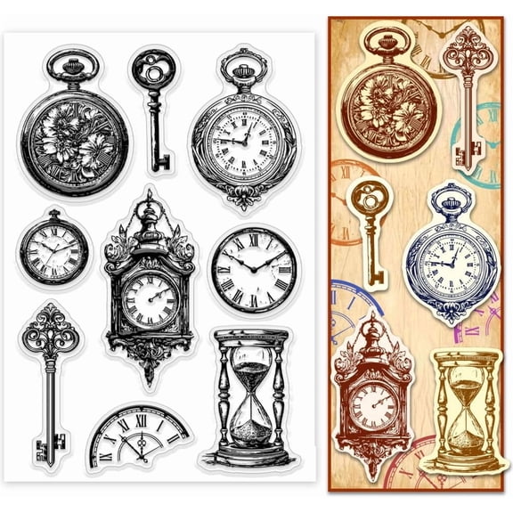 Colorful PH Retro Clocks Clear Stamp for Card Making Key Hourglass Rubber Stamp Wall Clock Timepieces Silicone Stamp Vintage Transparent Seal Stamps for Scrapbooking Journal Postcard Gift Tags