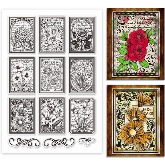 Colorful PH Vintage Flowers Clear Stamp Rectangular PVC Plastic Silicone 6.2x4.3 inches