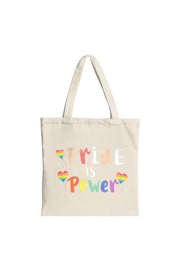 Colorful " PRIDE is POWER " tote bag with rainbow hearts perfect for shopping travel and parties Stylish and reusable canvas design