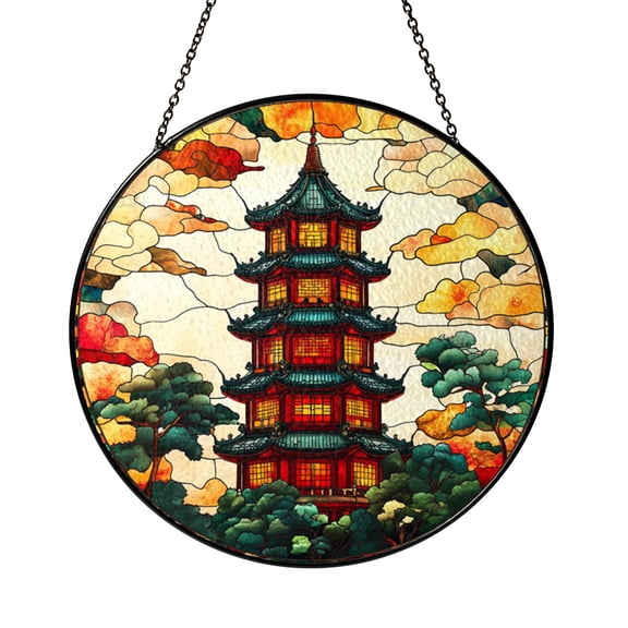 Colorful Pagoda Tower Garden Landscape Stained Glass Style Suncatcher Window Hanging, Temple Architecture Decorative Glass Art Panel Ornament, Round Sun Catcher Window Decor for Home Gift