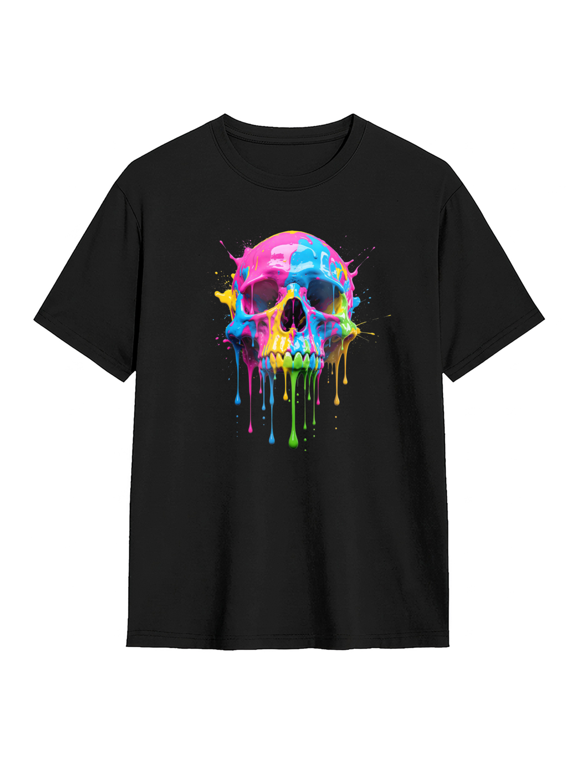 Colorful Paint Drip Skull Graphic Tee for Men and Women Vibrant Artistic Cotton Short Sleeve T Shirt