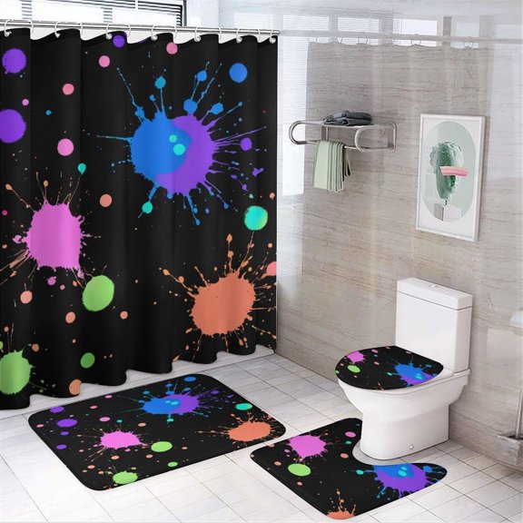 Colorful Paint Splashes On Black Background Shower Curtain 4 Pcs And Rugs Mat Set For Bathroom Curtains Decoration Accessories Bathtub Screen