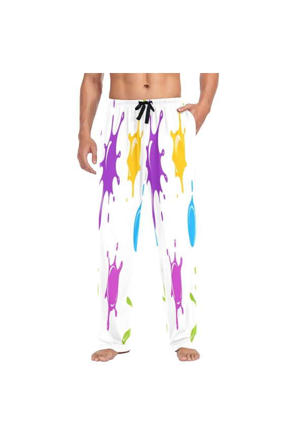 Colorful Paint Splashes Pattern Mens Cotton Pajama Pants Long Staple Lightweight Sleep Bottoms with Pockets Breathable