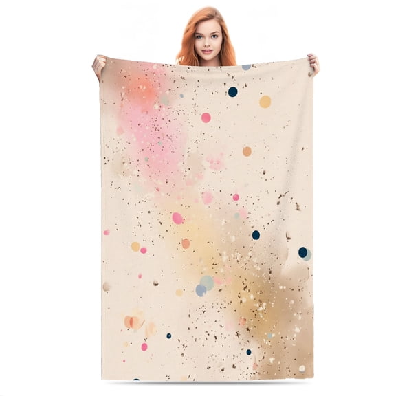 Colorful Paint Splatter on Beige Background Lightweight Flannel Printed Blanket - Ultra Soft & Warm, All-Season Cozy Plush for Couch, Bed, Office, Camping Nap - Perfect Decorative Gift