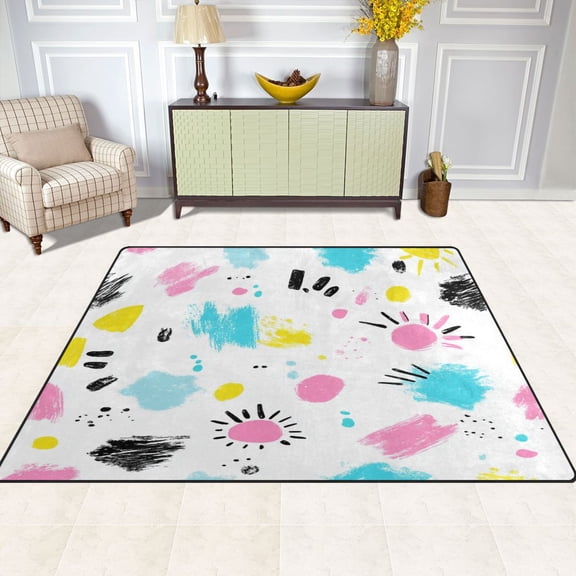 Colorful Paint Splatters 63''x48'' Plush Memory Foam Bath Mat, Soft, Absorbent, Non Slip, Durable