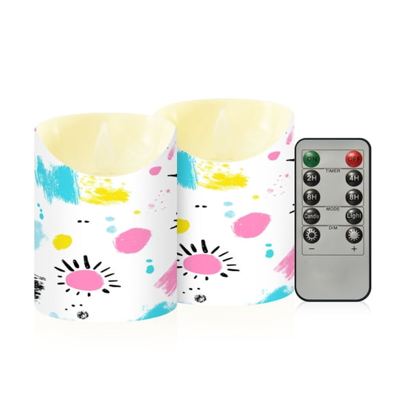 Colorful Paint Splatters Flameless Candles 2 PCS with Remote Realistic Moving Flame LED Tapered Pillar Set for Home Decor
