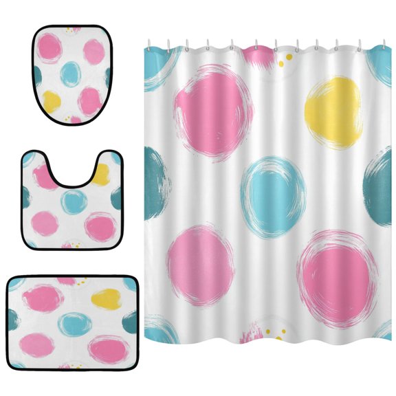 Colorful Painted Circles Pattern Bathroom Accessory Curtain Sets Bath Curtain Anti-Slip Mats and Toilet Pad 66x72in