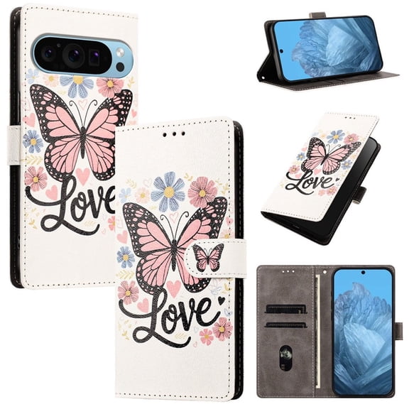 Colorful Painted Wallet Phone Case for Google Pixel 10 / Pixel 10 Pro 6.3" , PU Leather Flip Folio Cover With Card Slots, Magnetic Closure, Kickstand, Shockproof Protective Phone Case,Pink Butterfly