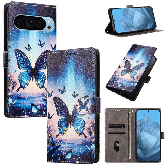 Colorful Painted Wallet Phone Case for Google Pixel 10 / Pixel 10 Pro 6.3" , PU Leather Flip Folio Cover With Card Slots, Magnetic Closure, Kickstand, Shockproof Protective Phone Case,Blue Butterfly