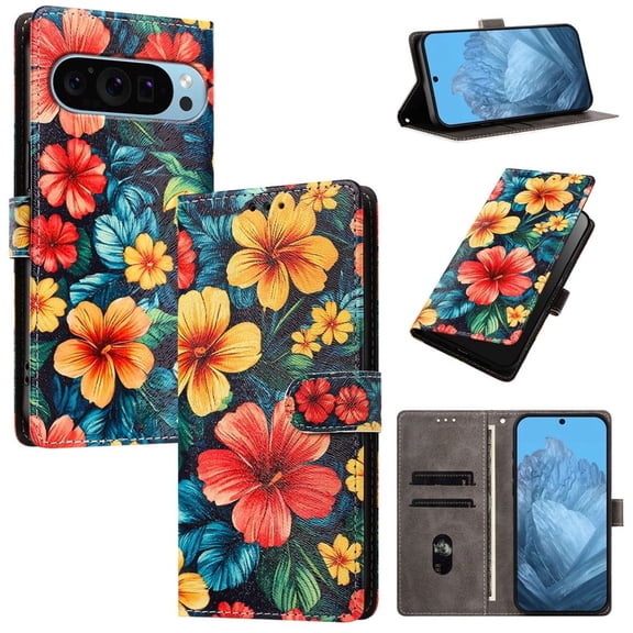 Colorful Painted Wallet Phone Case for Google Pixel 9 / Pixel 9 Pro 6.3" , PU Leather Flip Folio Cover With Card Slots, Magnetic Closure, Kickstand, Shockproof Protective Phone Case,Hibiscus