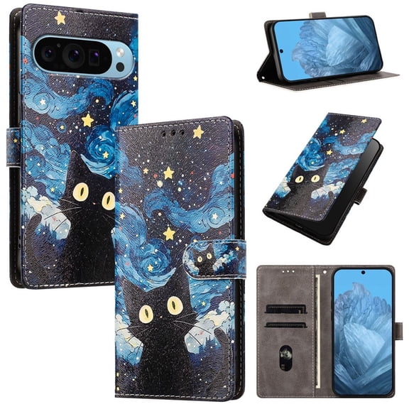 Colorful Painted Wallet Phone Case for Google Pixel 9 / Pixel 9 Pro 6.3" , PU Leather Flip Folio Cover With Card Slots, Magnetic Closure, Kickstand, Shockproof Protective Phone Case,Kitten
