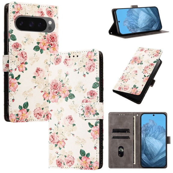 Colorful Painted Wallet Phone Case for Google Pixel 9 Pro XL / Pixel 10 Pro XL 6.8" , PU Leather Flip Folio Cover With Card Slots, Magnetic Closure, Kickstand, Shockproof Protective Phone Case,Rose