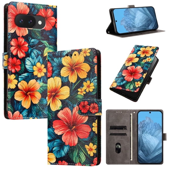 Colorful Painted Wallet Phone Case for Google Pixel 9a 6.3" , PU Leather Flip Folio Cover With Card Slots, Magnetic Closure, Kickstand, Shockproof Protective Phone Case,Hibiscus,For Google Pixel 9A