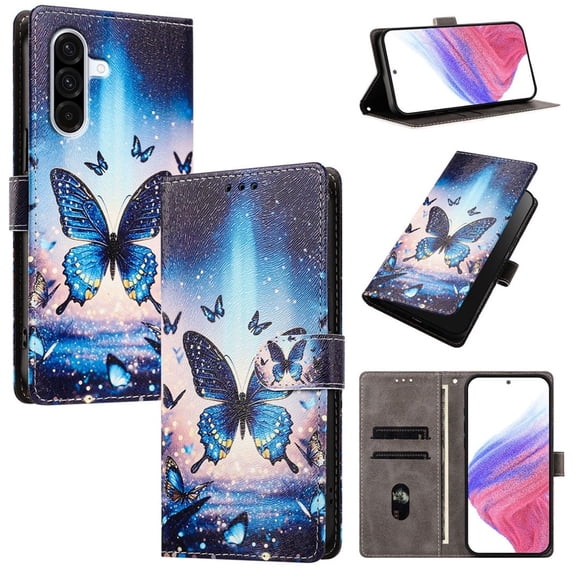 Colorful Painted Wallet Phone Case for Samsung Galaxy A57 5G 6.7" , PU Leather Flip Folio Cover With Card Slots, Magnetic Closure, Kickstand, Shockproof Protective Phone Case,Blue Butterfly