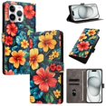 thumbnail image 1 of Colorful Painted Wallet Phone Case for iPhone 15 Pro Max 6.7" , PU Leather Flip Folio Cover With Card Slots, Magnetic Closure, Kickstand, Shockproof Protective Phone Case,Hibiscus, 1 of 10
