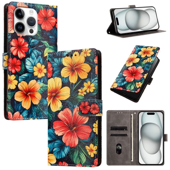 Colorful Painted Wallet Phone Case for iPhone 15 Pro Max 6.7" , PU Leather Flip Folio Cover With Card Slots, Magnetic Closure, Kickstand, Shockproof Protective Phone Case,Hibiscus