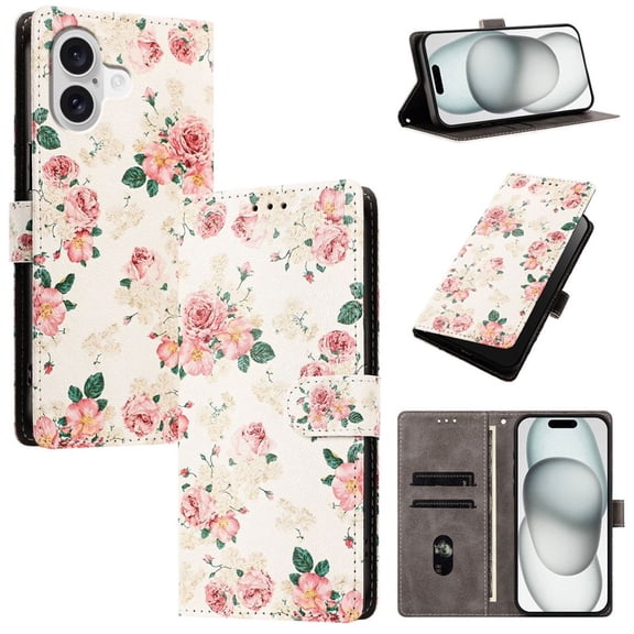 Colorful Painted Wallet Phone Case for iPhone 16 Plus 6.7" , PU Leather Flip Folio Cover With Card Slots, Magnetic Closure, Kickstand, Shockproof Protective Phone Case,Rose ,For iPhone 16 Plus
