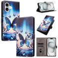 thumbnail image 1 of Colorful Painted Wallet Phone Case for iPhone 17 6.3" , PU Leather Flip Folio Cover With Card Slots, Magnetic Closure, Kickstand, Shockproof Protective Phone Case,Blue Butterfly,For iPhone 17, 1 of 10