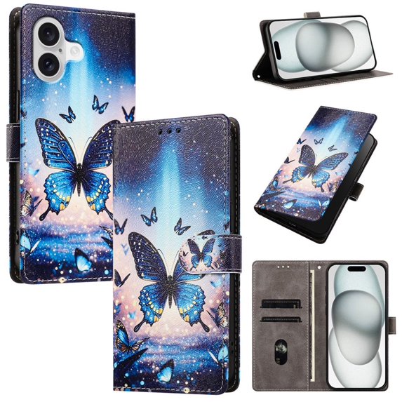 Colorful Painted Wallet Phone Case for iPhone 17 6.3" , PU Leather Flip Folio Cover With Card Slots, Magnetic Closure, Kickstand, Shockproof Protective Phone Case,Blue Butterfly,For iPhone 17