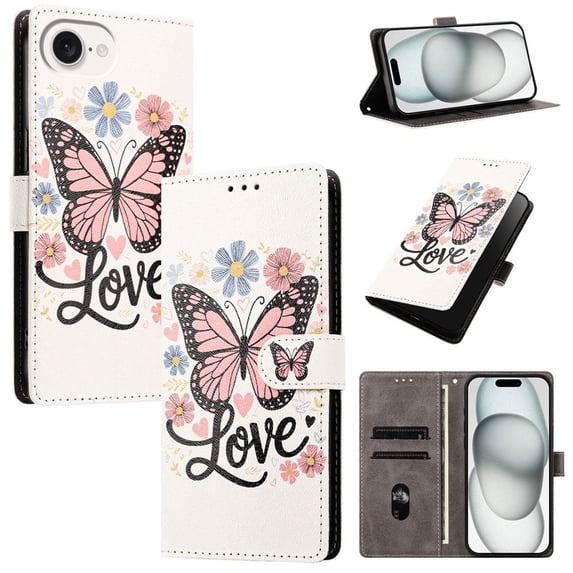 Colorful Painted Wallet Phone Case for iPhone 17e/16e 6.1" , PU Leather Flip Folio Cover With Card Slots, Magnetic Closure, Kickstand, Shockproof Protective Phone Case,Pink Butterfly