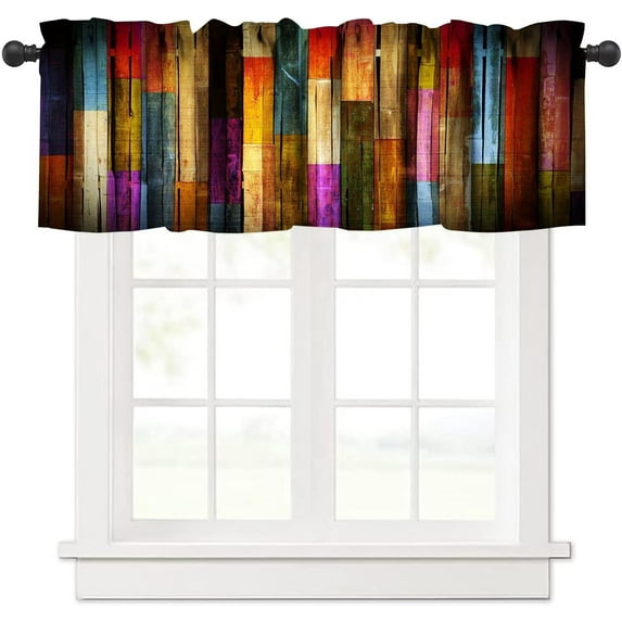Colorful Painted Wood Valances Curtains Plank Rustic Farmhouse Wooden Vintage Barn Door Windows Short Curtain Valance for Kitchen Bedroom Bathroom Decor with Rod Pocket, One Panel 54X18 Inches