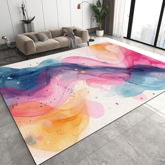Colorful Painterly Style Living Room Area Rugs Abstract Texture Modern Rug, Groovy Funky Aesthetic Fluid Accent Rug For Girls Room Apartment, Washable Non-Slip Carpet 3x5ft