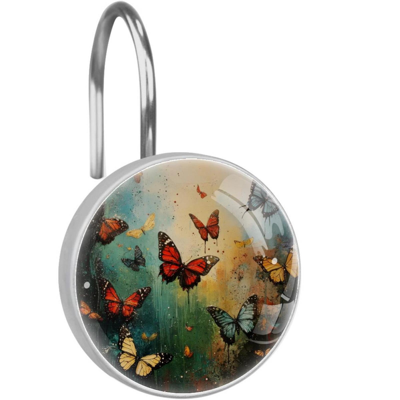 Colorful Painting Butterfly Shower Curtain Hooks Round Crystal Glass, Set of 12 Shower Curtain Rings - Shower Hooks for Curtain Shower Rings