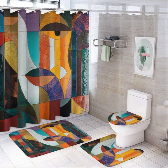 Colorful Painting With Different Shapes Shower Curtain Sets 4 Piece Bathroom Sets with Curtain Rug Toilet Cover And U Shaped Mat Boho Geometric Tribal Vintage Waterproof Shower Curtain