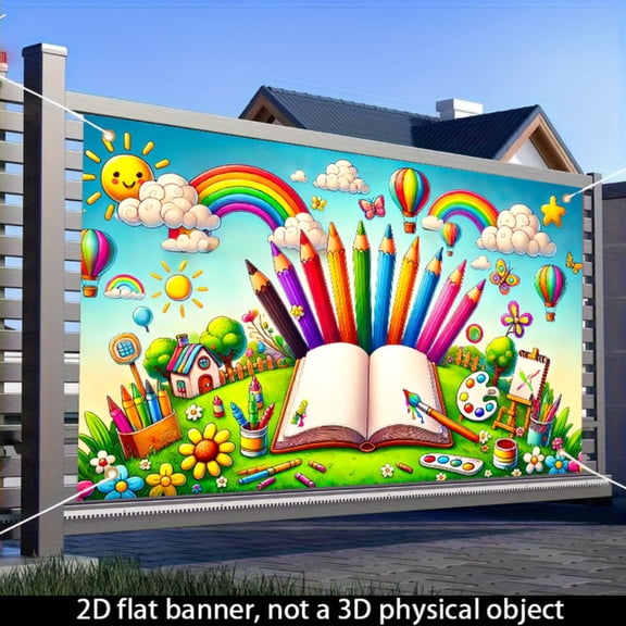 [Colorful Painting Theme Decoration] Rainbow Pencil Painting Theme Decoration: 1 2D flat polyester banner background cloth, 70.8x43.3 inches, suitable for indoor and outdoor children's activities, ar